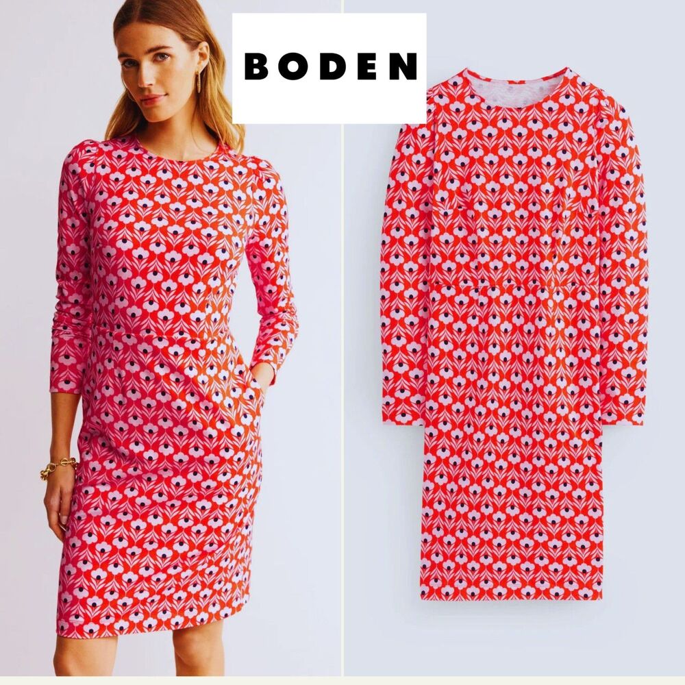 Boden Penelope Jersey Flame Scarlet Petal Head Cotton Dress NWT Sz6P w/ Pockets
